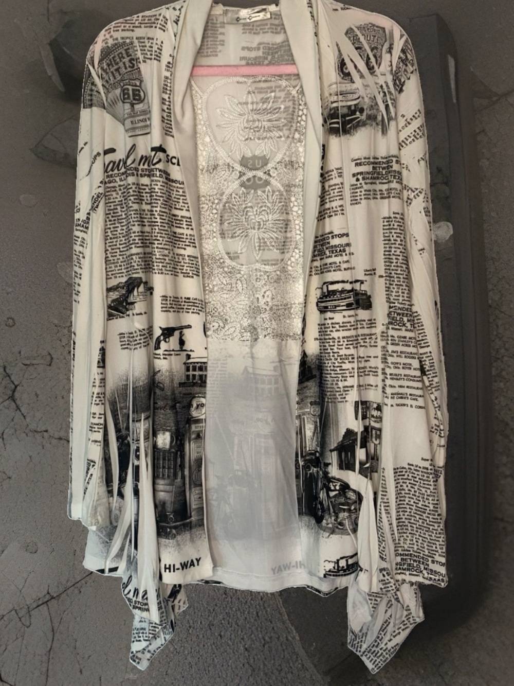 Open-Front Newspaper Route 66 Print Cardigan - Cream White/Black Medium Large